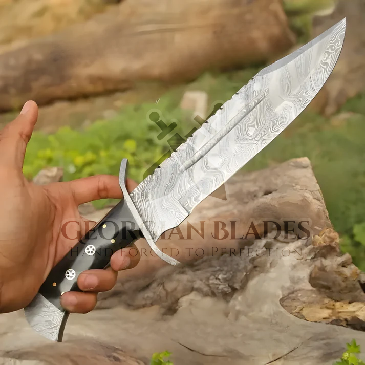 Frontier Finder: 15" Handmade Damascus Steel Bowie Knife- Buffalo Horn Handle