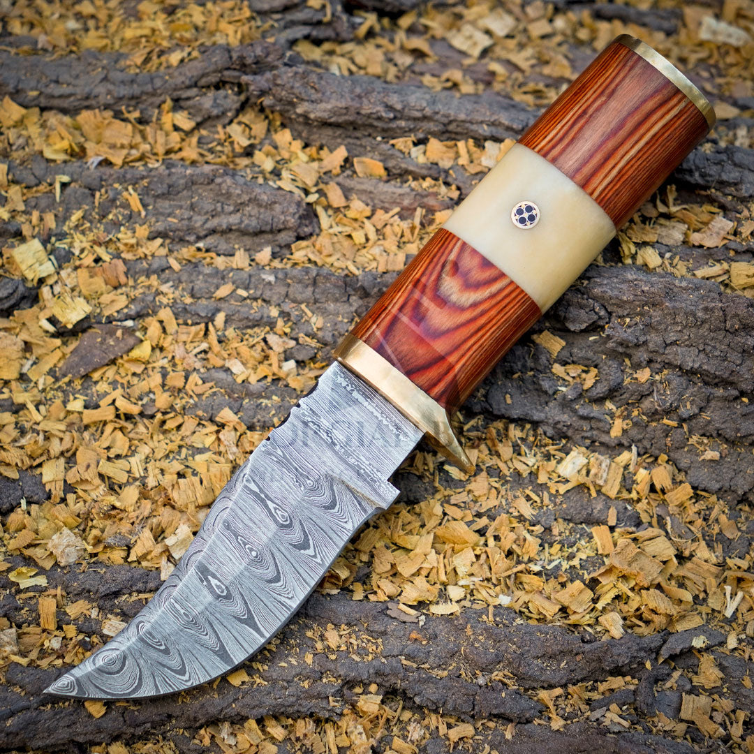 Mike Fink Skinner - CUSTOM HANDMADE FORGED DAMASCUS Steel Hunting Knife Wood & Camel Bone Handle