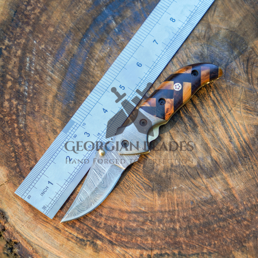 Kit Carson - 7 inches Custom Hand Forged Damascus Folding Knife Damascus Bolster With Olive & Dark Wood Handle