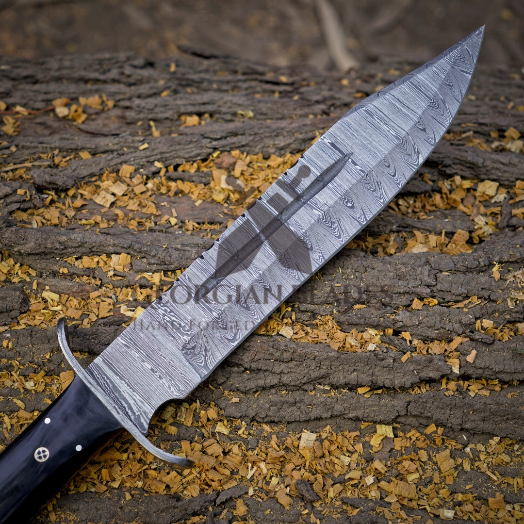 Frontier Finder: 15" Handmade Damascus Steel Bowie Knife- Buffalo Horn Handle