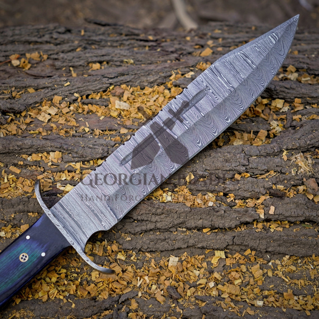 River Runner: 15" Handmade Damascus Steel Bowie Knife- Full Tang - Colored Wood Handle