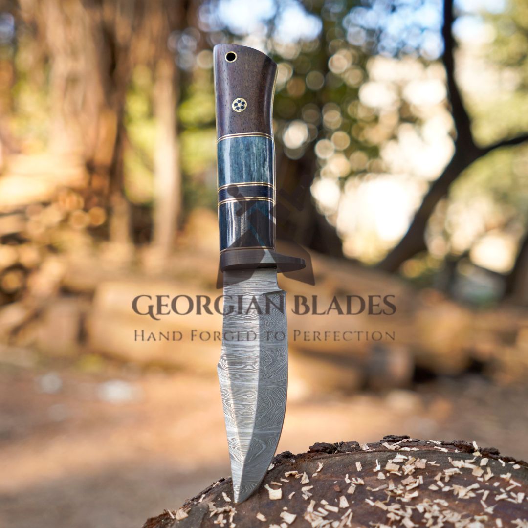 Nature's Bladebearer - 10" Hand Forged Damascus Hunting Knife with Leather Sheath