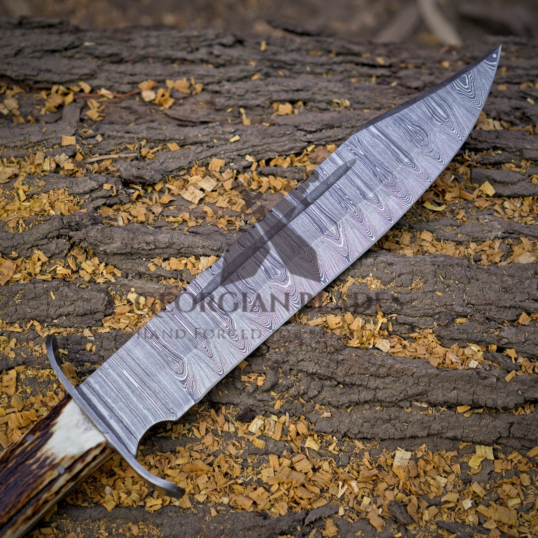 Mountain Majesty: 15" Handmade Damascus Steel Bowie Knife- Full Tang - Stag Antler Handle