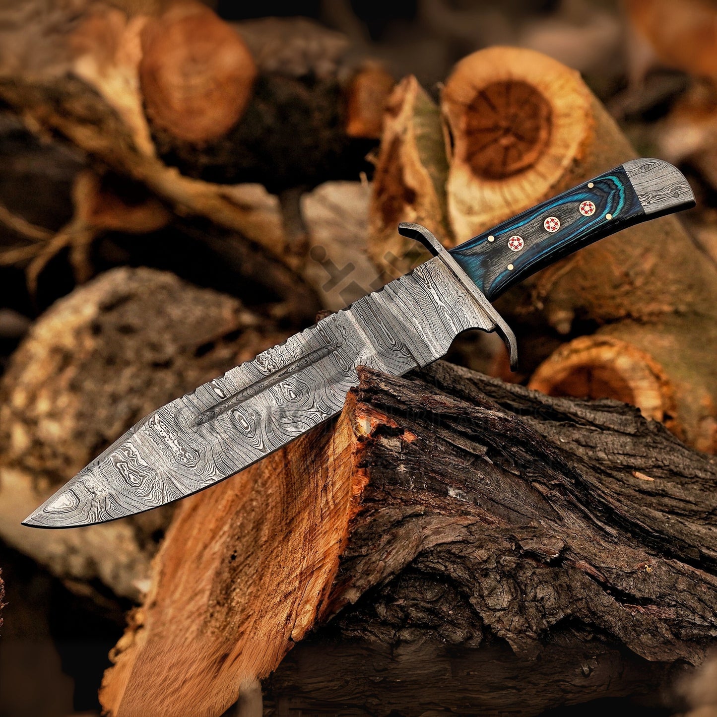 River Runner: 15" Handmade Damascus Steel Bowie Knife- Full Tang - Colored Wood Handle