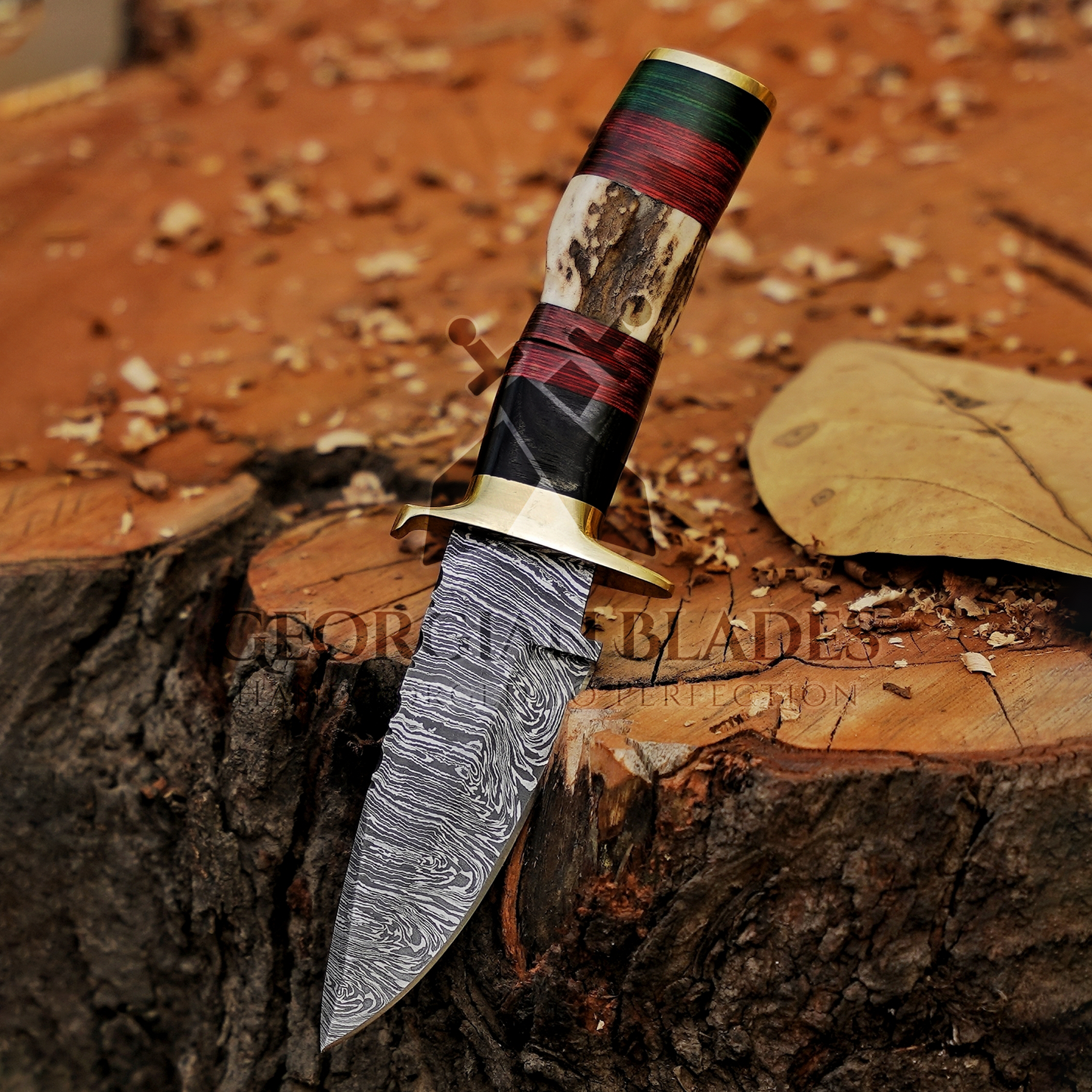 Shadowfang - 9 inch Damascus Steel Hunting Knife with Stag Horn Handle