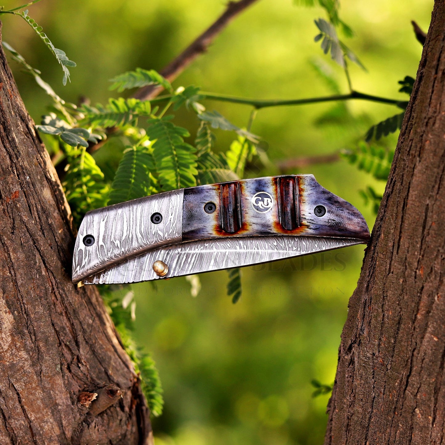 The Glenn Folder – 7.5 inch Damascus Steel Liner Lock Pocket Knife with Bone Handle and Leather Sheath