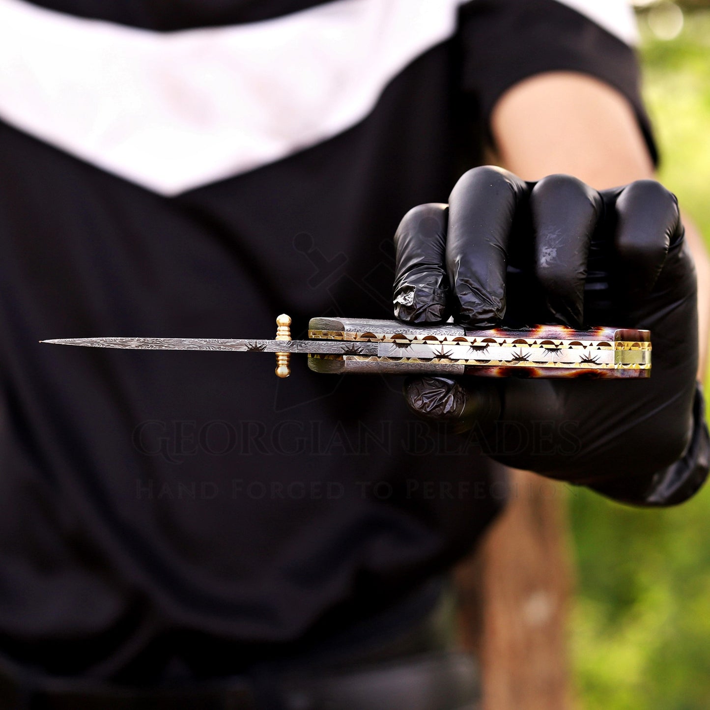The Nimitz Folder – 7.5 inch Damascus Steel Liner Lock Pocket Knife with Bone Handle and Leather Sheath