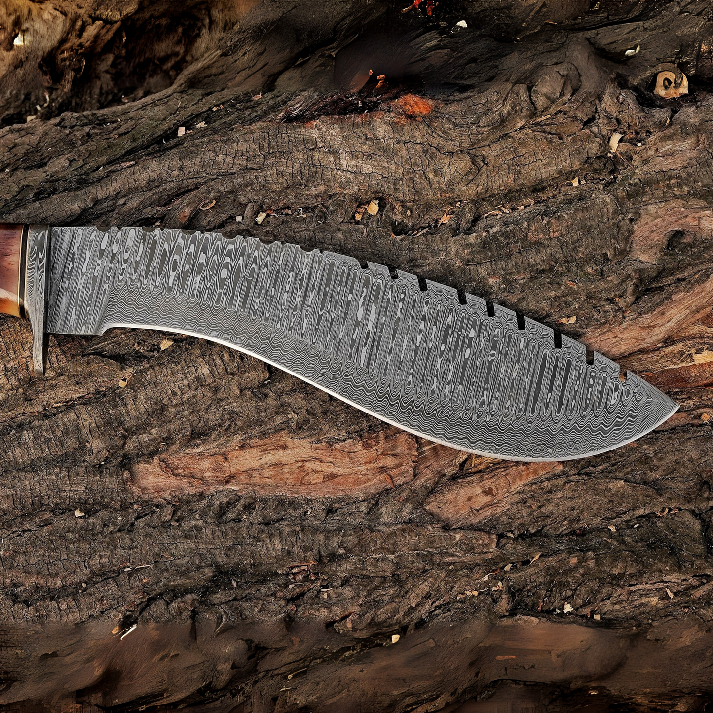 Emberwood Kukri – 15 inch Hand-Forged Damascus Masterpiece Kukri Knife with Leather Sheath