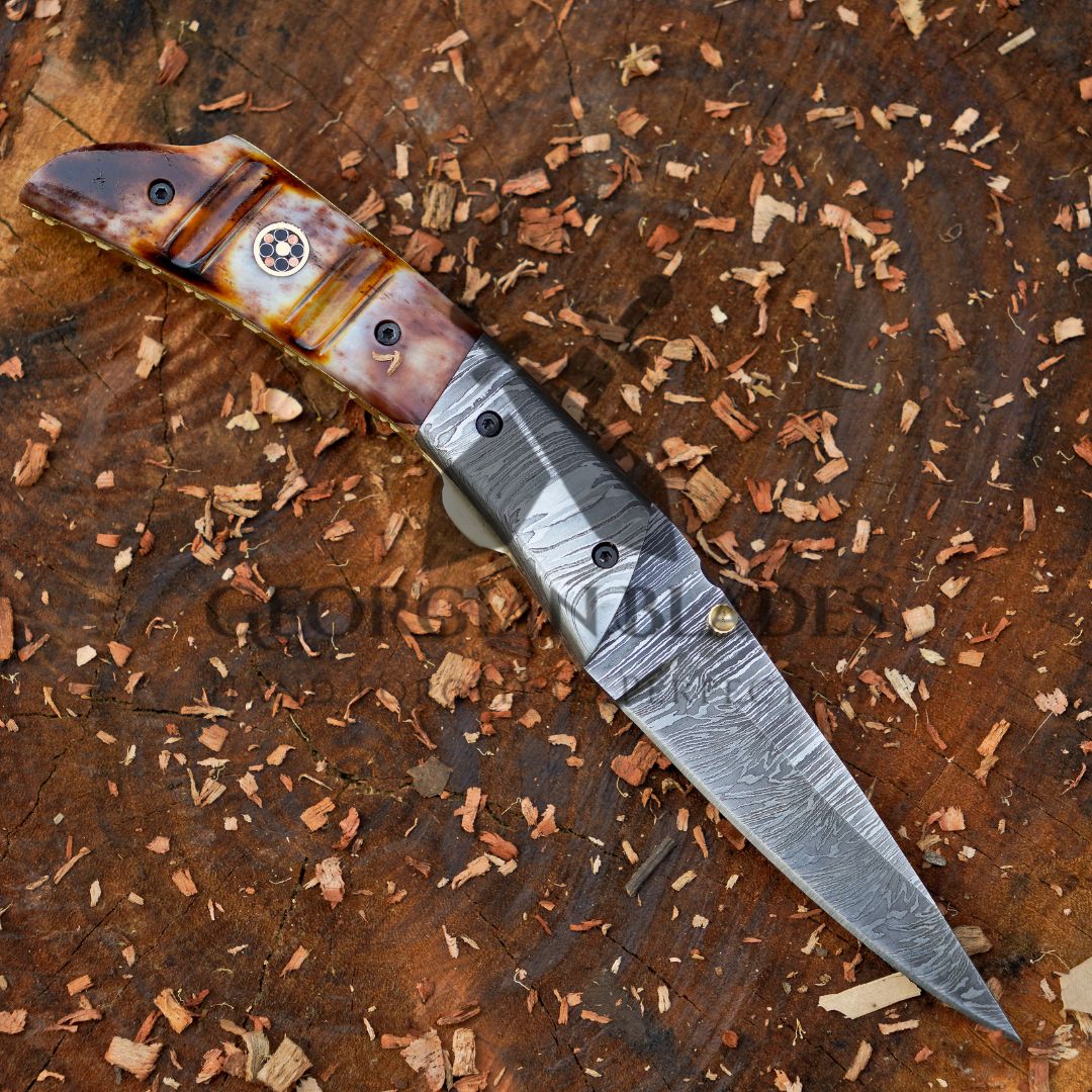 The Nimitz Folder – 7.5 inch Damascus Steel Liner Lock Pocket Knife with Bone Handle and Leather Sheath