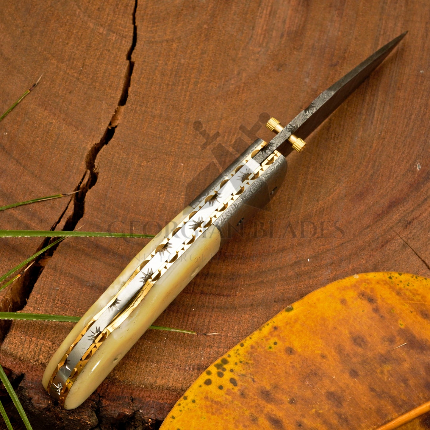 RadiantReach - 8" Hand Forged Damascus Steel Pocket Folding Knife with Leather Sheath