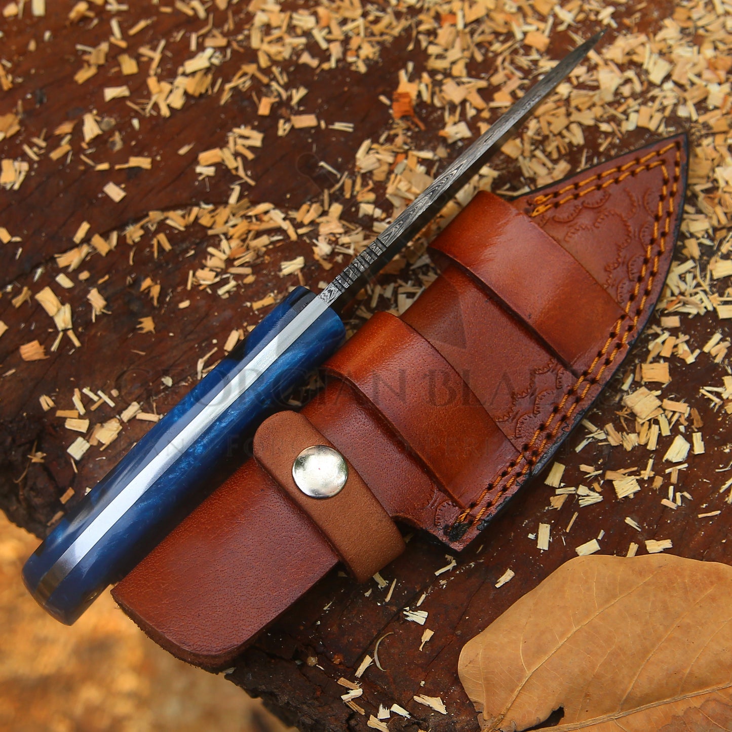 Blue Heart Blade – 9'' Hand Forged Damascus Steel Knife with Blue Resin Handle & Leather Sheath