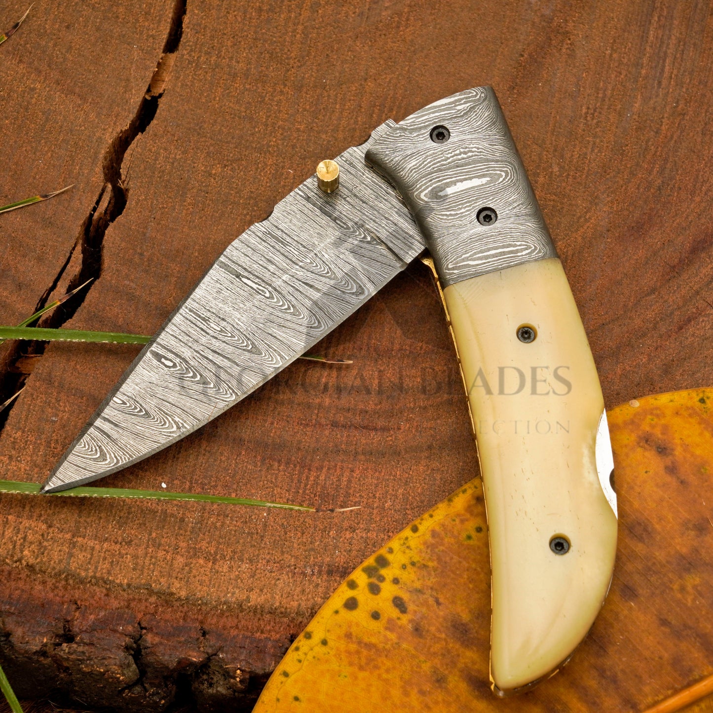 RadiantReach - 8" Hand Forged Damascus Steel Pocket Folding Knife with Leather Sheath