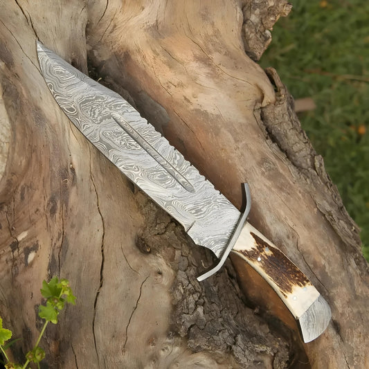 Mountain Majesty: 15" Handmade Damascus Steel Bowie Knife- Full Tang - Stag Antler Handle