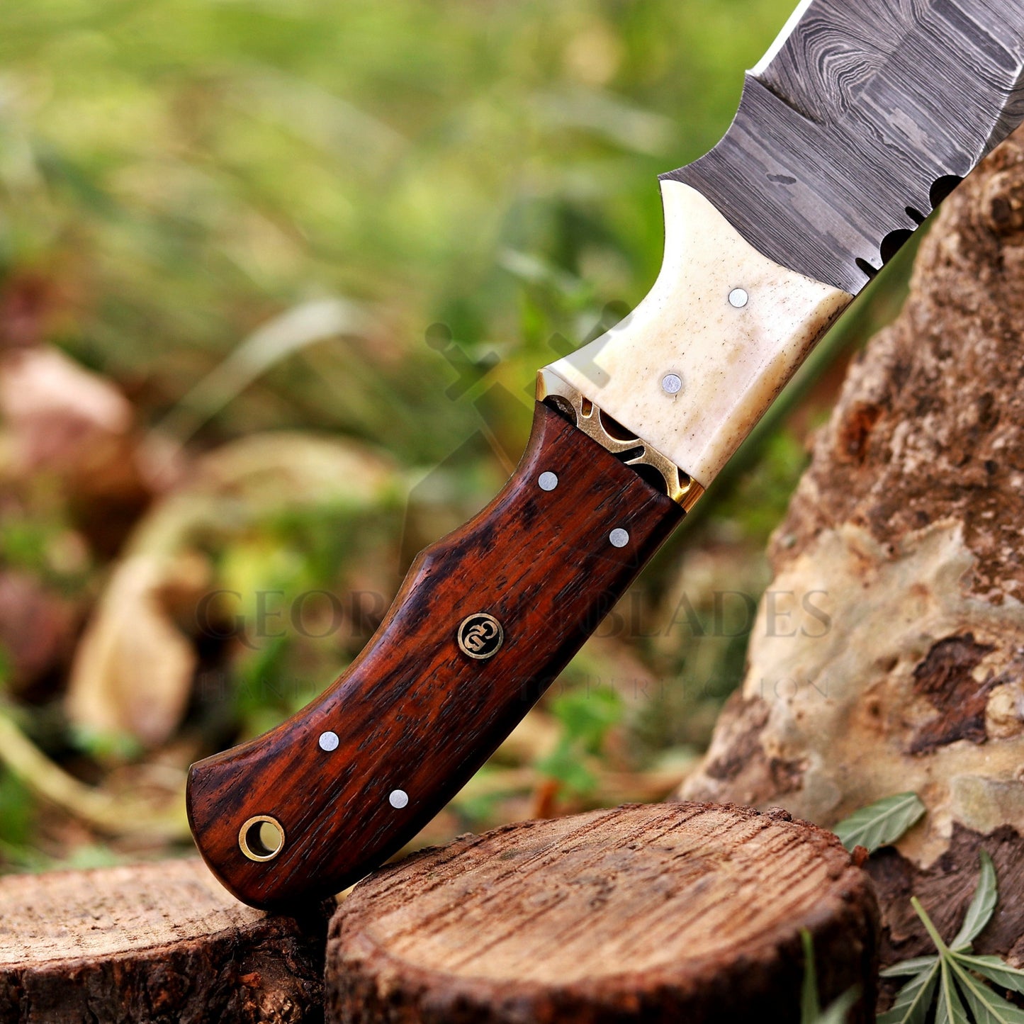 Johnny Appleseed Blade - 10” Custom Hand Forged Damascus Steel Full Tang Hunting Knife - Wood & Bone Handle