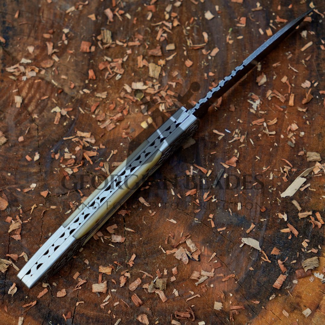 Ivory Edge: 8" Handmade Green Camel Bone Handle Folding Pocket Knife With Engraved Frame Work