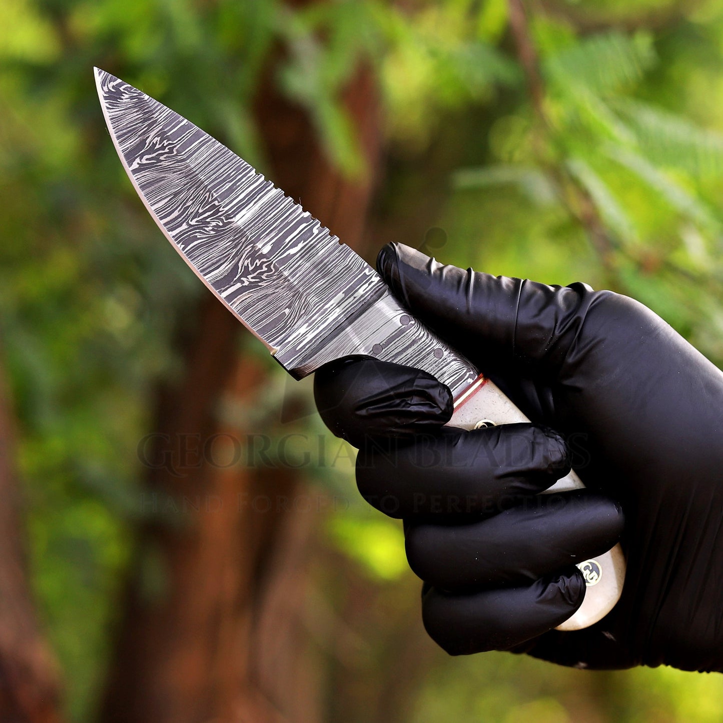 John Henry Slicer - 7.25” Hand Forged Damascus Steel Full Tang Skinner Knife - Camel Bone Handle