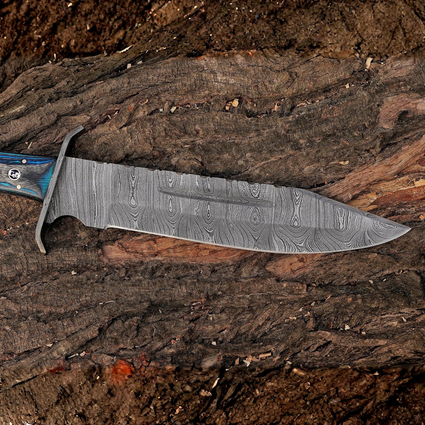 River Runner: 15" Handmade Damascus Steel Bowie Knife- Full Tang - Colored Wood Handle