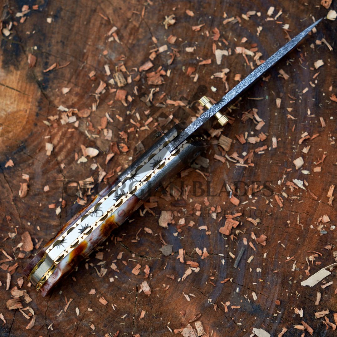 The Nimitz Folder – 7.5 inch Damascus Steel Liner Lock Pocket Knife with Bone Handle and Leather Sheath
