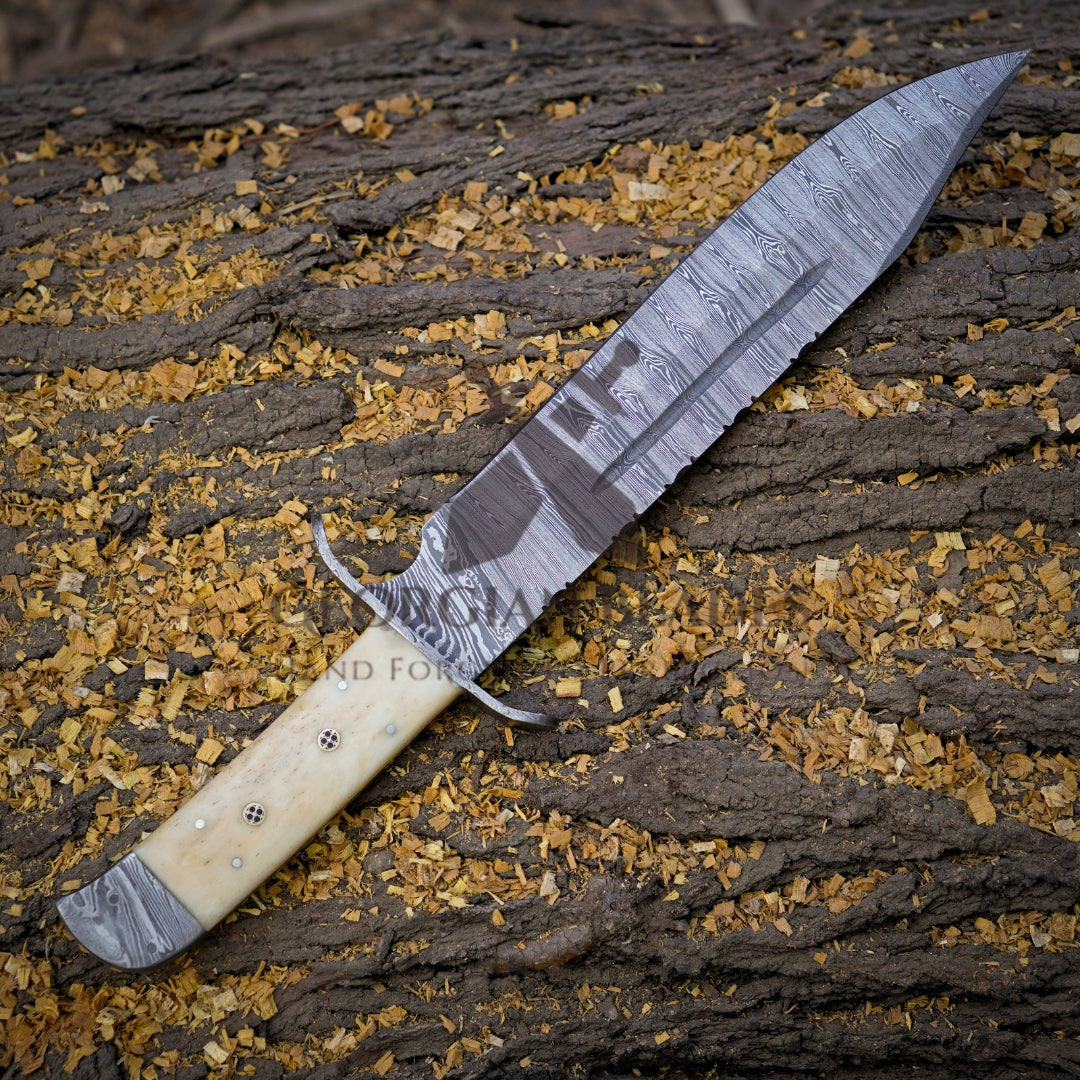 Paul Bunyan Razor - 15" Handmade Damascus Steel Bowie Knife- Full Tang - Camel Bone Handle