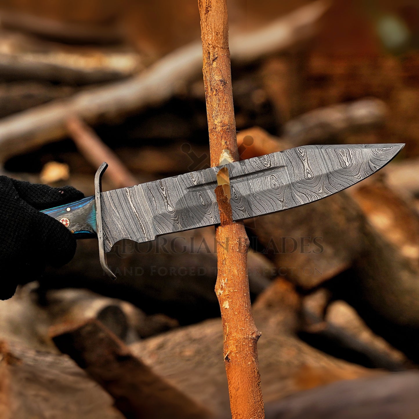 River Runner: 15" Handmade Damascus Steel Bowie Knife- Full Tang - Colored Wood Handle