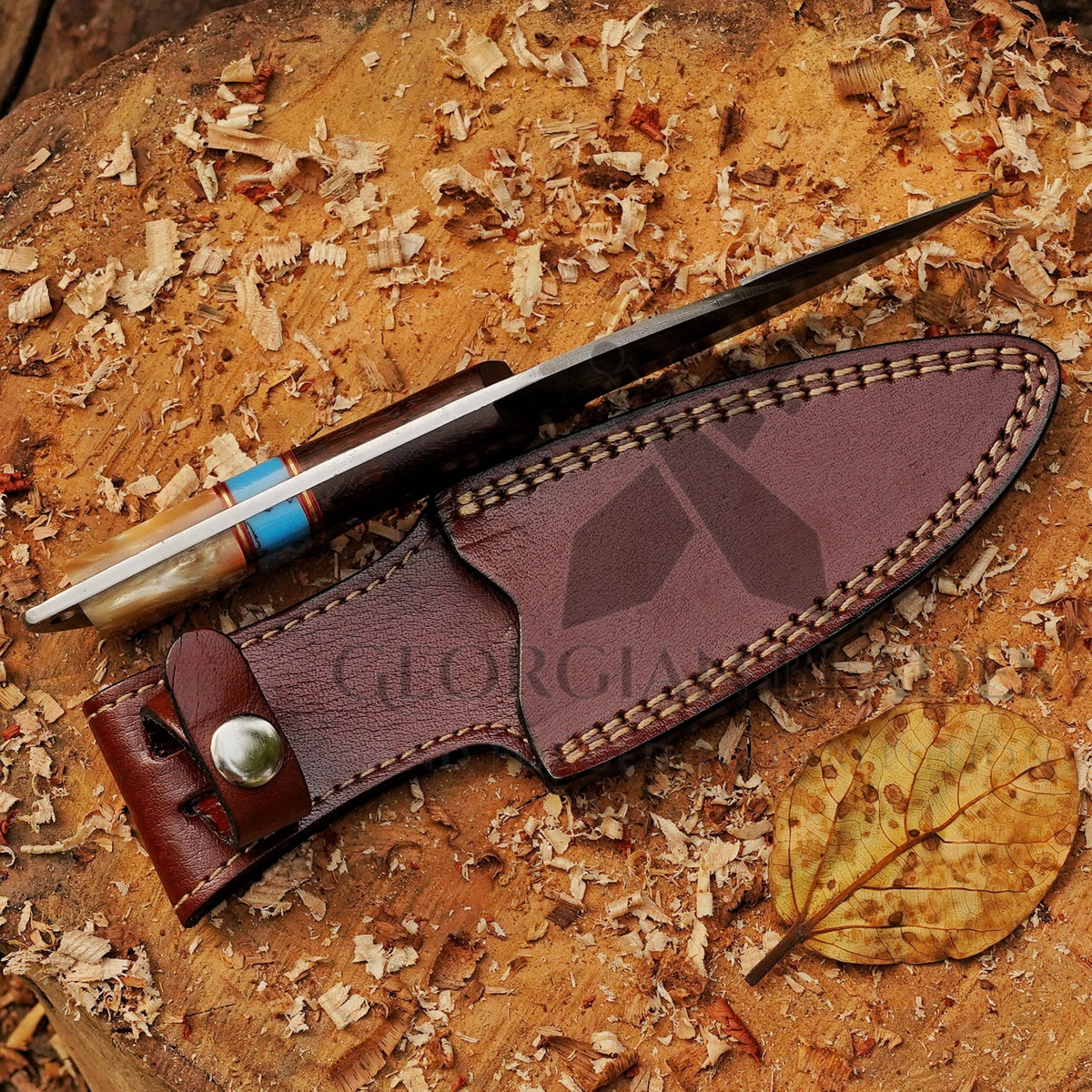 Trailblazer's Blade - 9" Hand Forged Damascus Steel Hunting Knife with Leather Sheath