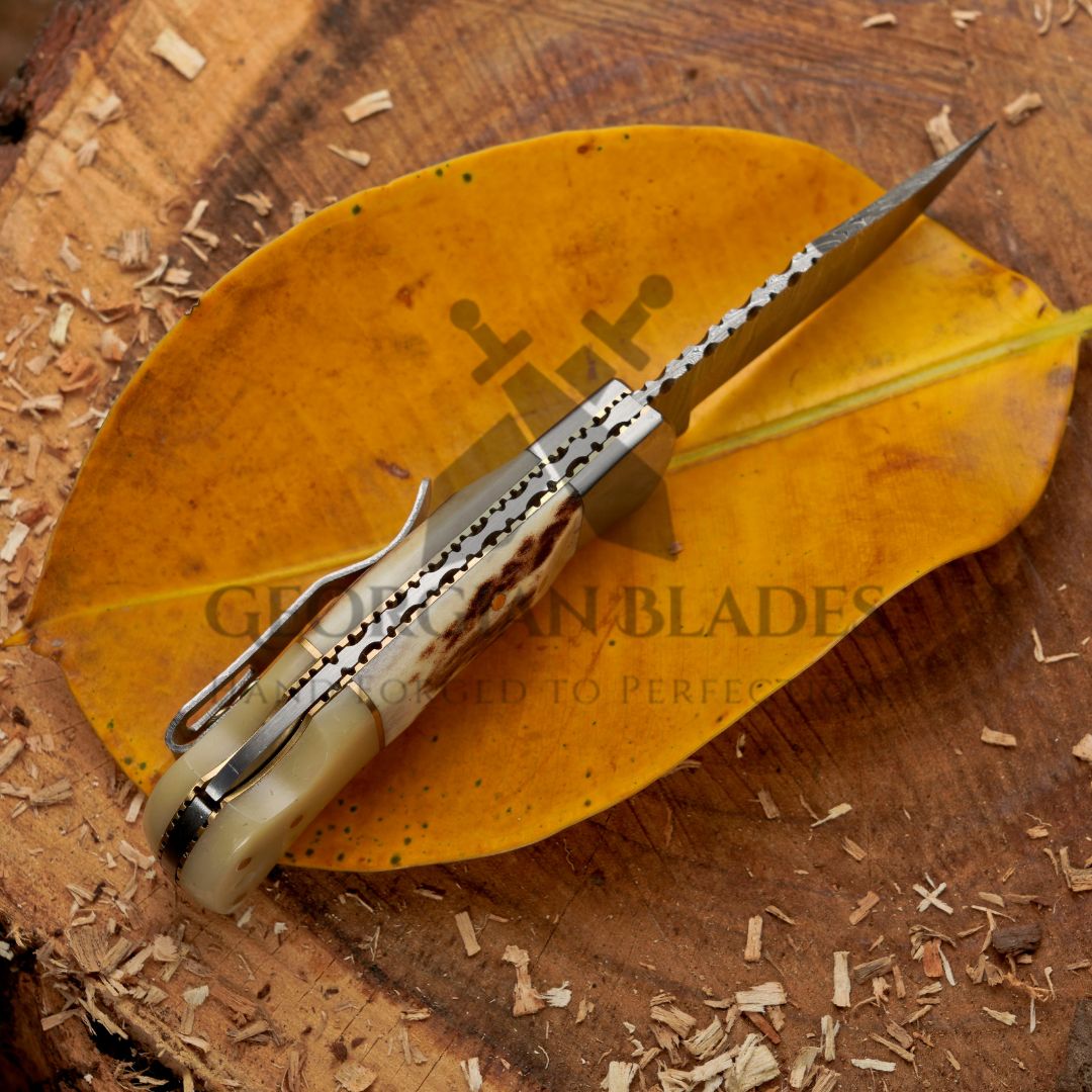 The Sully Folder - 7 inch Pocket Folding Clip Knife with Stag and Bone Handle and Leather Sheath