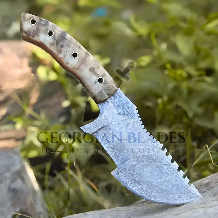 Wilderness Wayfinder: 10” Custom Hand Forged Damascus Steel Tracker Knife With Ram Horn Handle