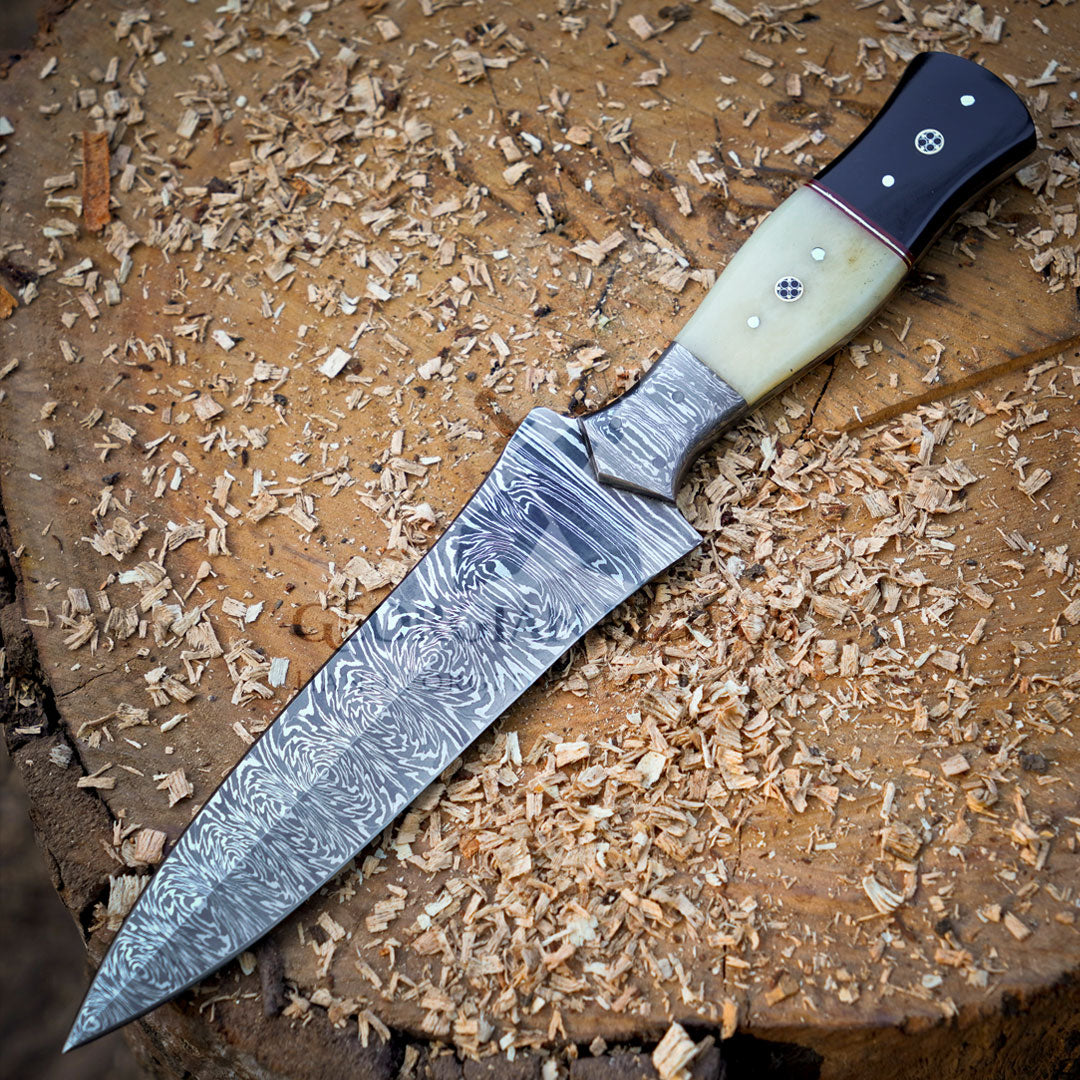 Annie Oakley Carver: Hand Forged Damascus Steel Hunting Boot Knife With Damascus Bolster - Bull Horn & Bone Handle