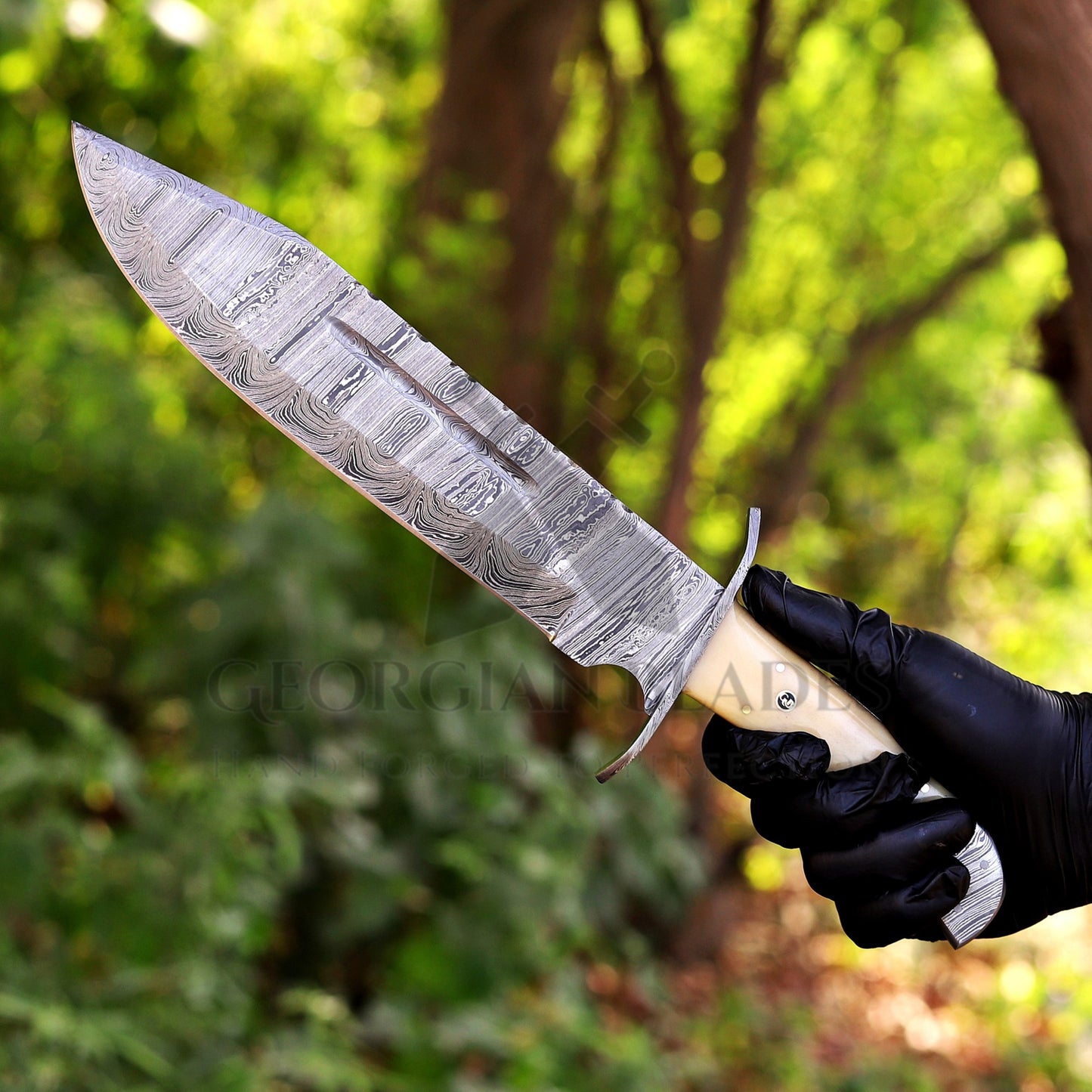 Paul Bunyan Razor - 15" Handmade Damascus Steel Bowie Knife- Full Tang - Camel Bone Handle