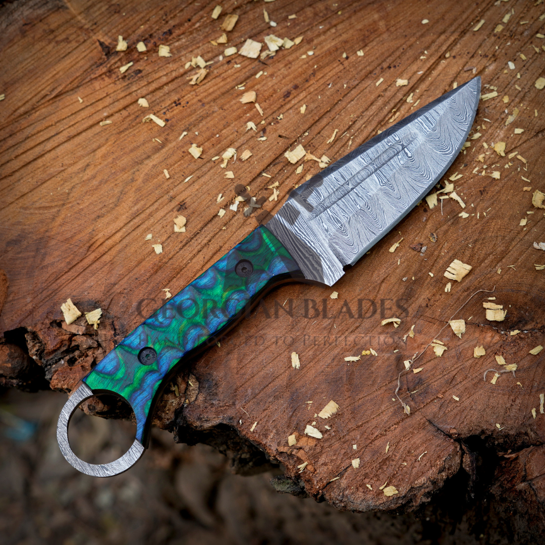 Mystic Blade - Hand-Forged 9" Damascus Steel Hunting Knife with Colored Resin Handle and Leather Sheath– Perfect for Outdoor Enthusiasts