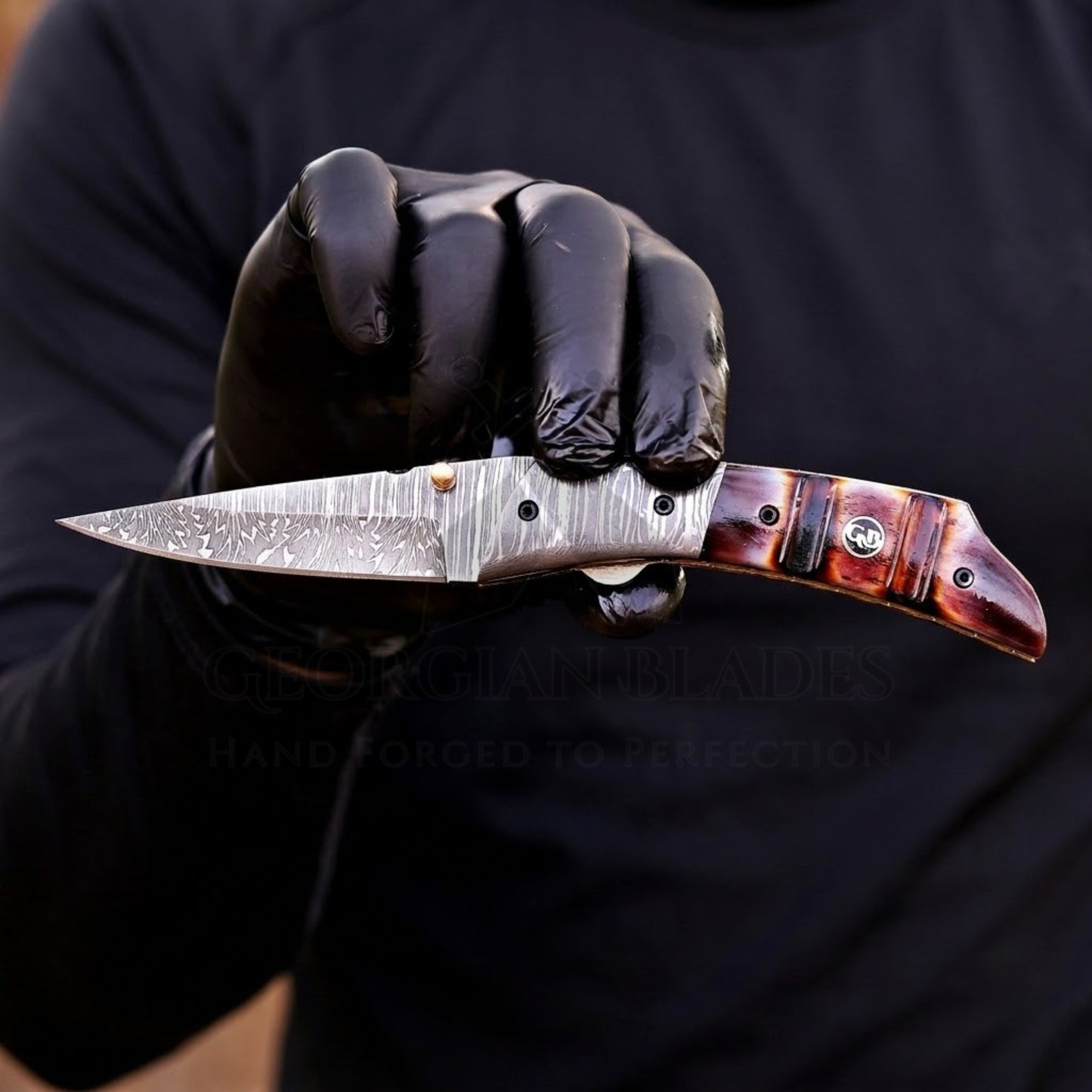 The Nimitz Folder – 7.5 inch Damascus Steel Liner Lock Pocket Knife with Bone Handle and Leather Sheath