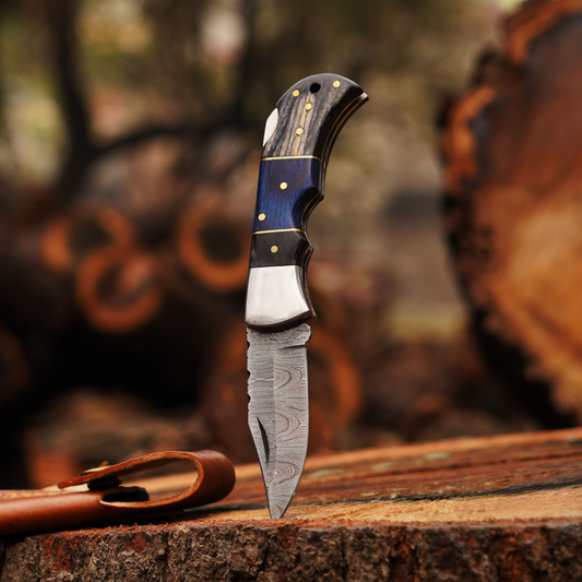 Midnight Wave- 6.5" Handmade Folding Knife with Damascus Blade and Leather Sheath