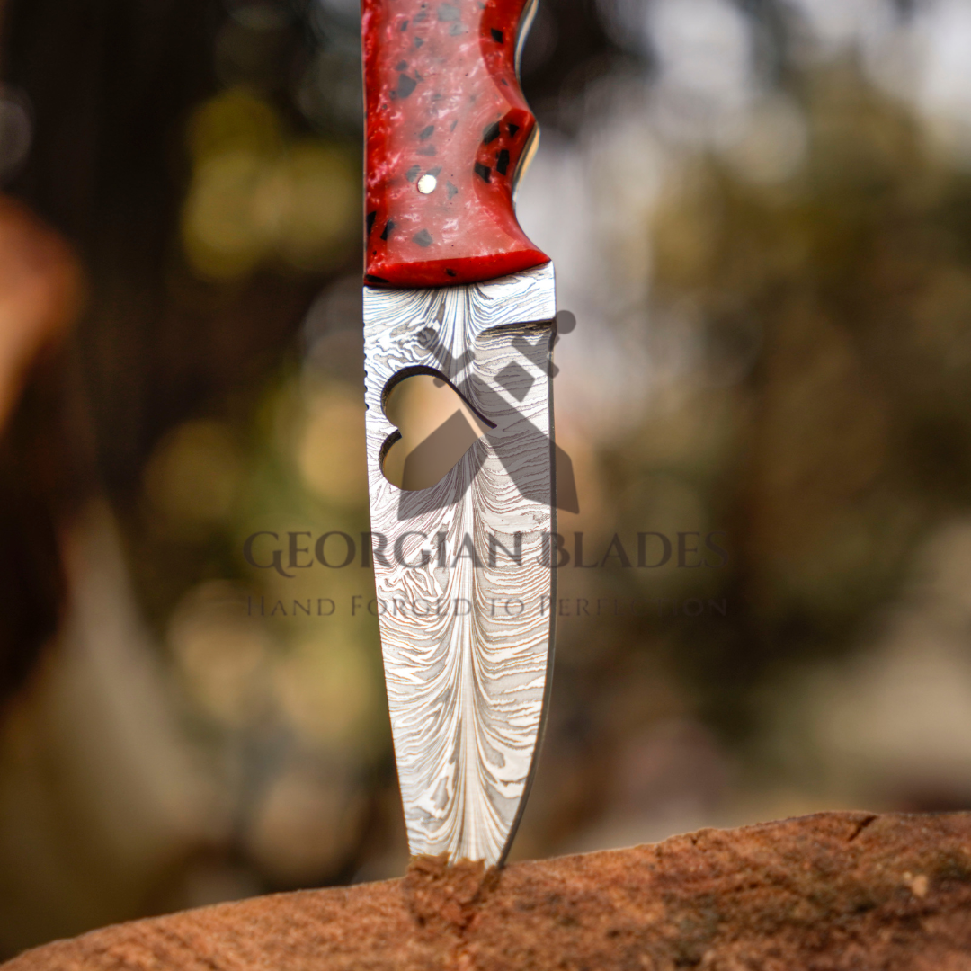Heart Blade: 9" Full Tang Hand Forged Fixed Blade Gut Hook Damascus Steel Hunting Knife with Leather Sheath