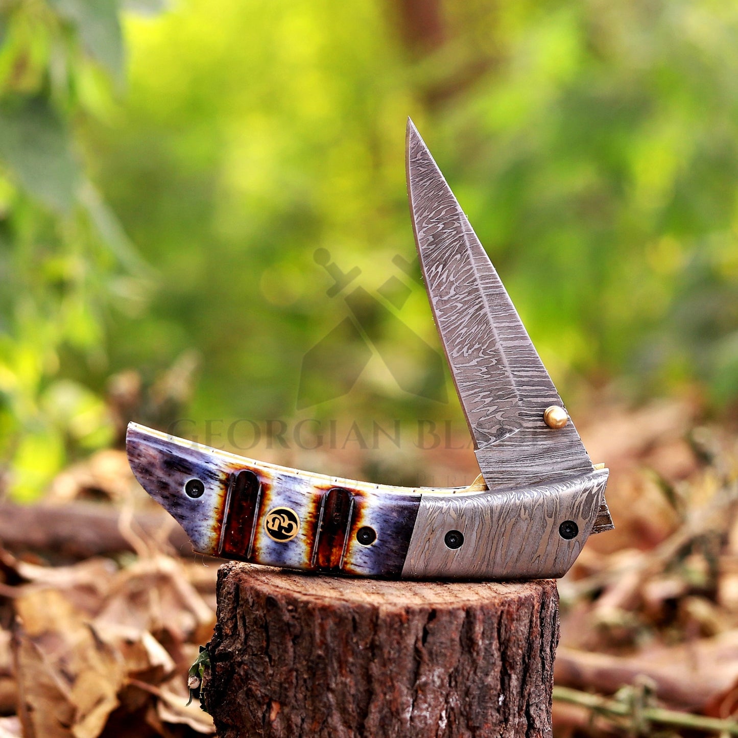 The Glenn Folder – 7.5 inch Damascus Steel Liner Lock Pocket Knife with Bone Handle and Leather Sheath