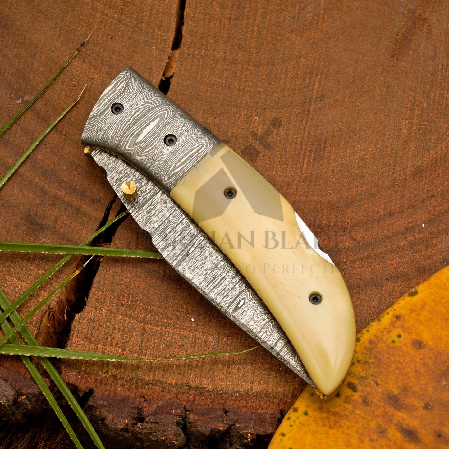 RadiantReach - 8" Hand Forged Damascus Steel Pocket Folding Knife with Leather Sheath