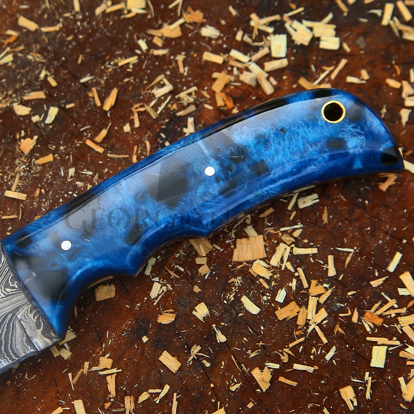 Blue Heart Blade – 9'' Hand Forged Damascus Steel Knife with Blue Resin Handle & Leather Sheath