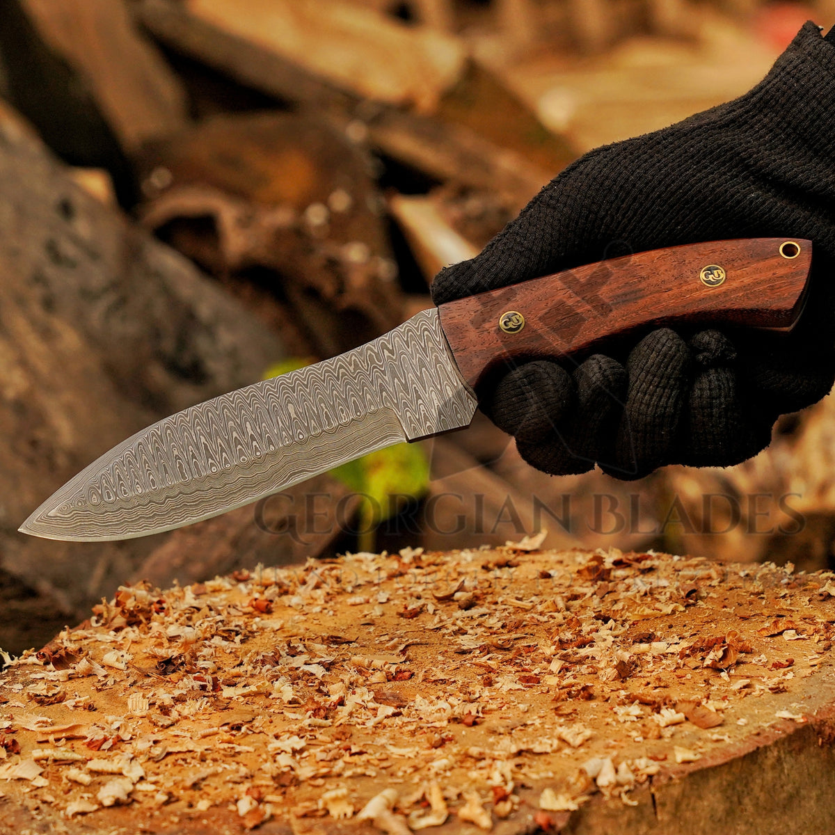 Razorwind - 11" Full Tang Hand Forged Damascus Hunting Knives with Walnut Wood Handle