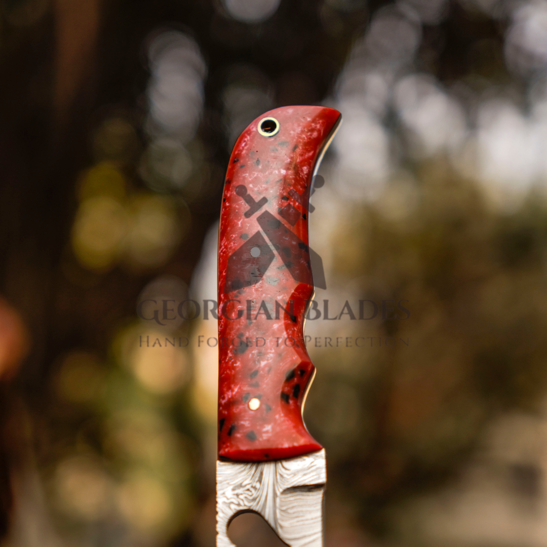 Heart Blade: 9" Full Tang Hand Forged Fixed Blade Gut Hook Damascus Steel Hunting Knife with Leather Sheath