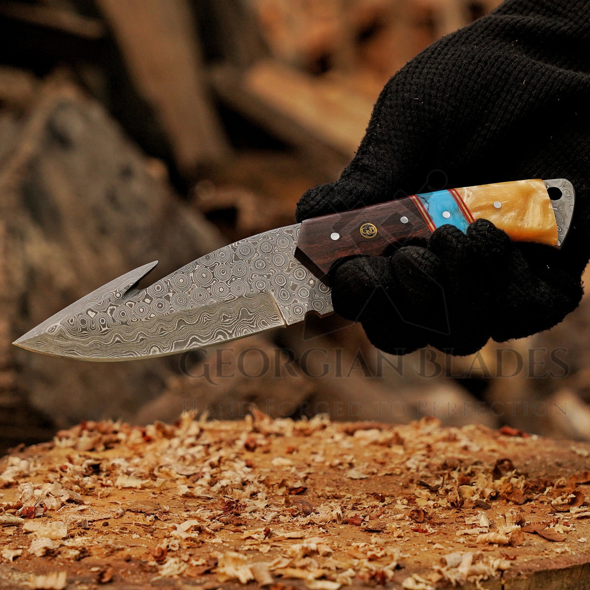 Trailblazer's Blade - 9" Hand Forged Damascus Steel Hunting Knife with Leather Sheath