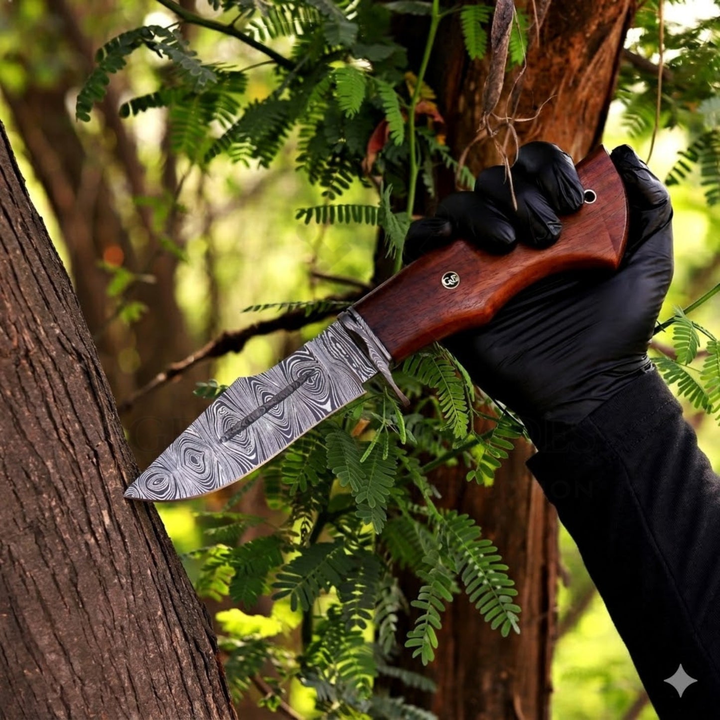 Woodman's Ally - 10.5" Hand Forged Damascus Hunting Knife with Leather Sheath