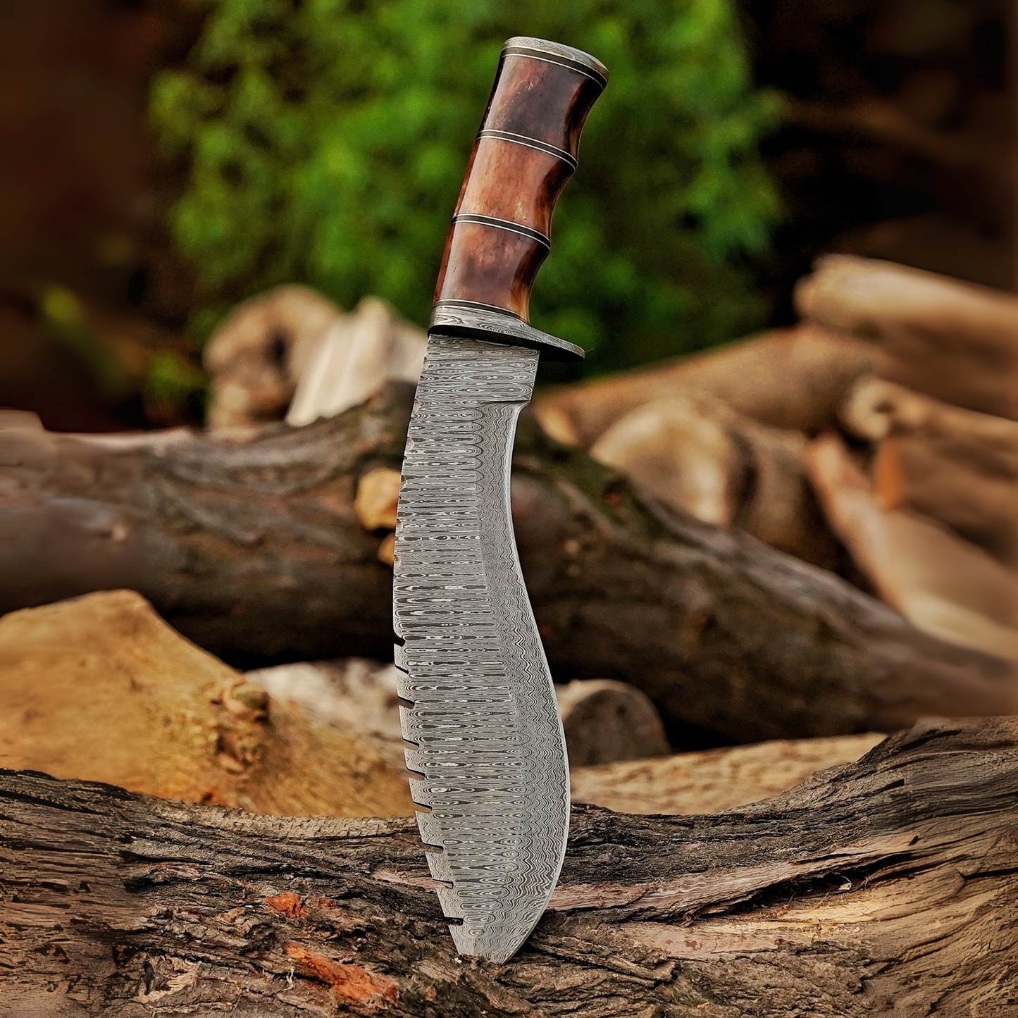Emberwood Kukri – 15 inch Hand-Forged Damascus Masterpiece Kukri Knife with Leather Sheath