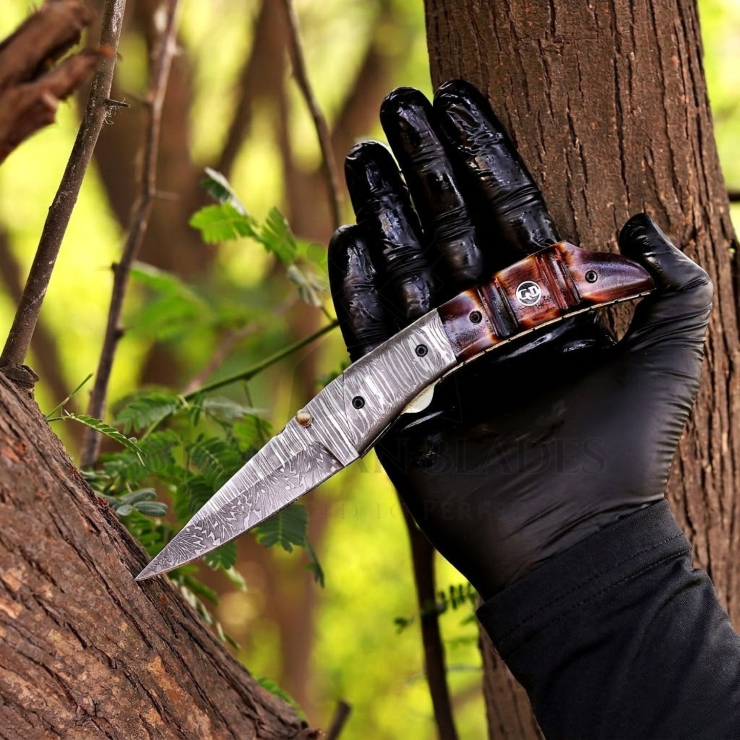 The Nimitz Folder – 7.5 inch Damascus Steel Liner Lock Pocket Knife with Bone Handle and Leather Sheath