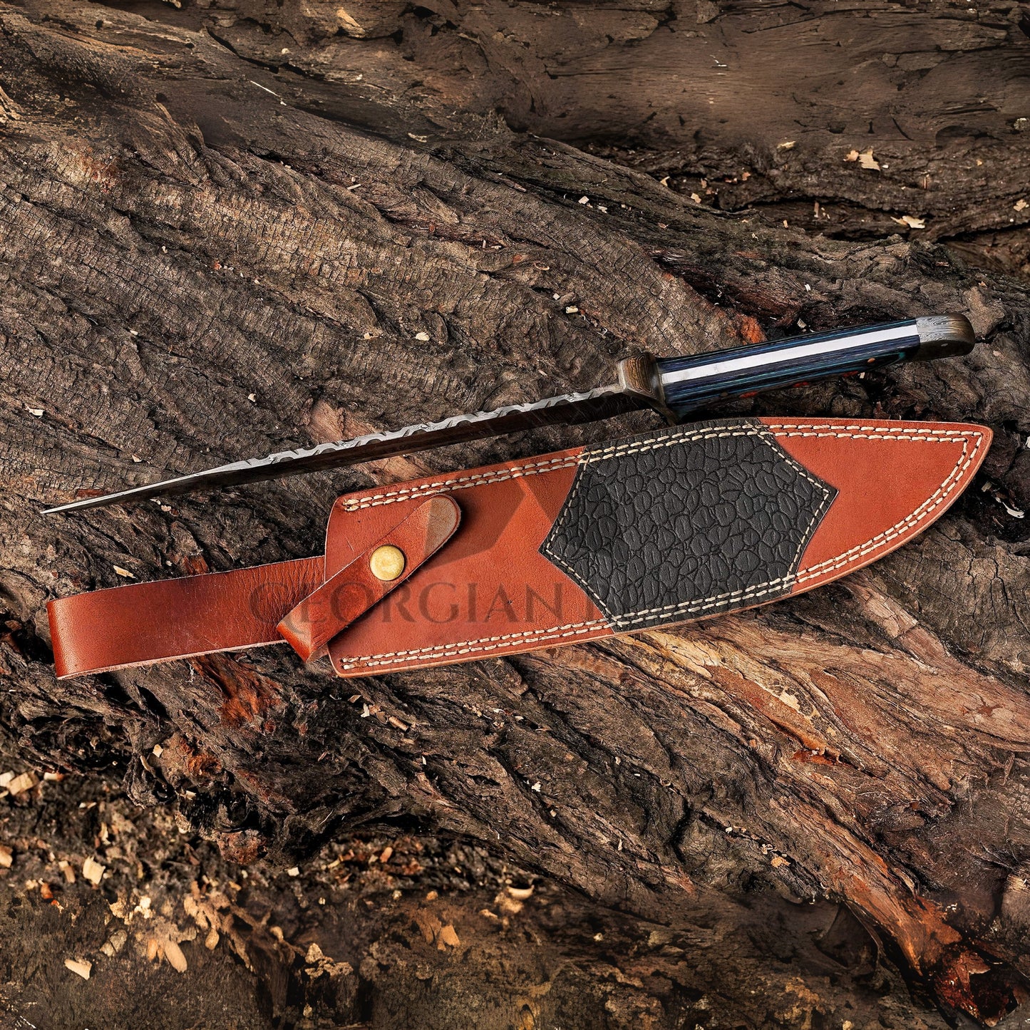 River Runner: 15" Handmade Damascus Steel Bowie Knife- Full Tang - Colored Wood Handle