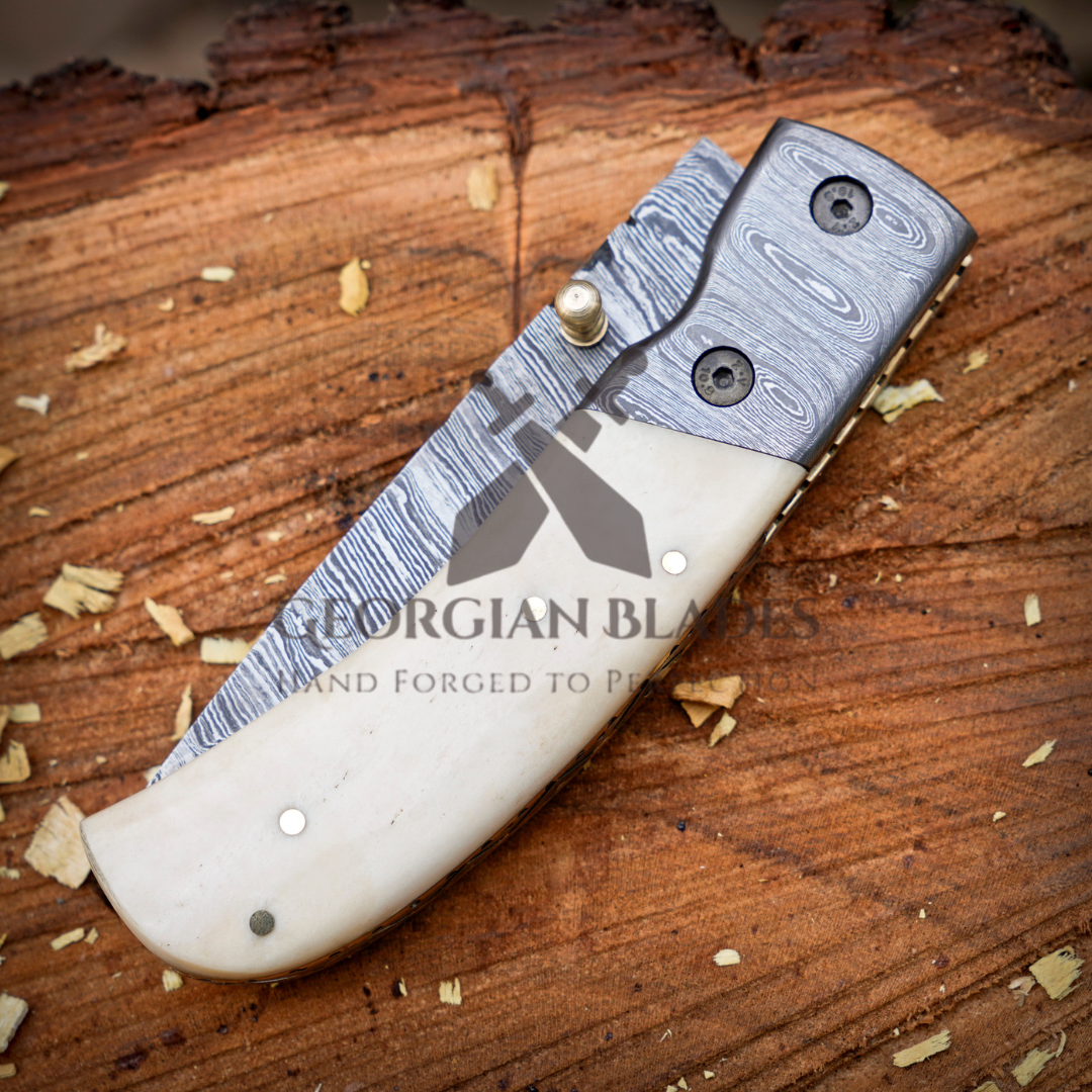 Cartilage Cutter: Hand Forged Damascus Steel Hunting Folding Knife With Damascus Bolster & Camel Bone Handle