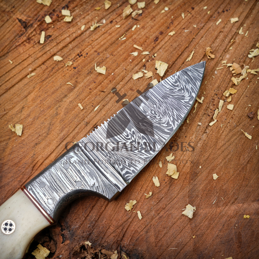 John Henry Slicer - 7.25” Hand Forged Damascus Steel Full Tang Skinner Knife - Camel Bone Handle