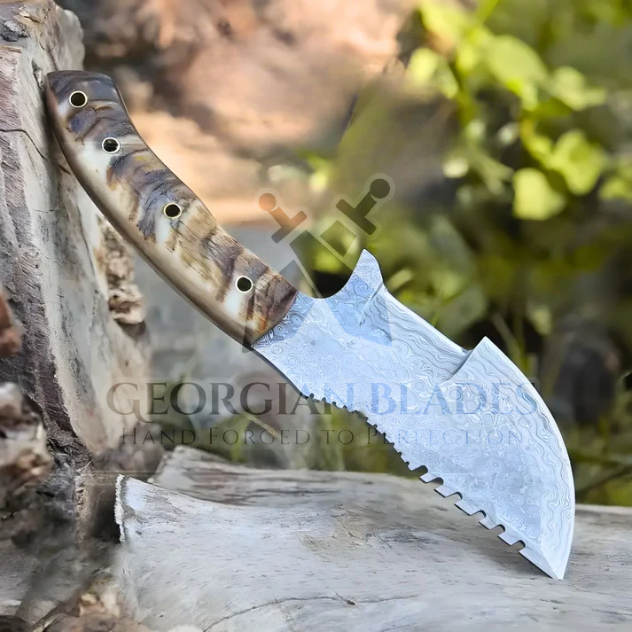 Wilderness Wayfinder: 10” Custom Hand Forged Damascus Steel Tracker Knife With Ram Horn Handle