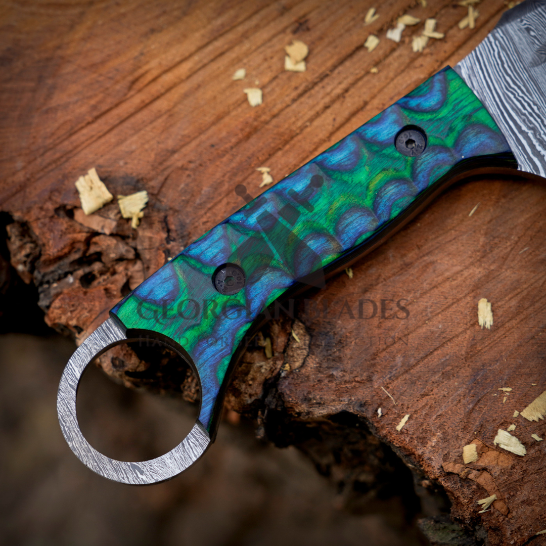 Mystic Blade - Hand-Forged 9" Damascus Steel Hunting Knife with Colored Resin Handle and Leather Sheath– Perfect for Outdoor Enthusiasts