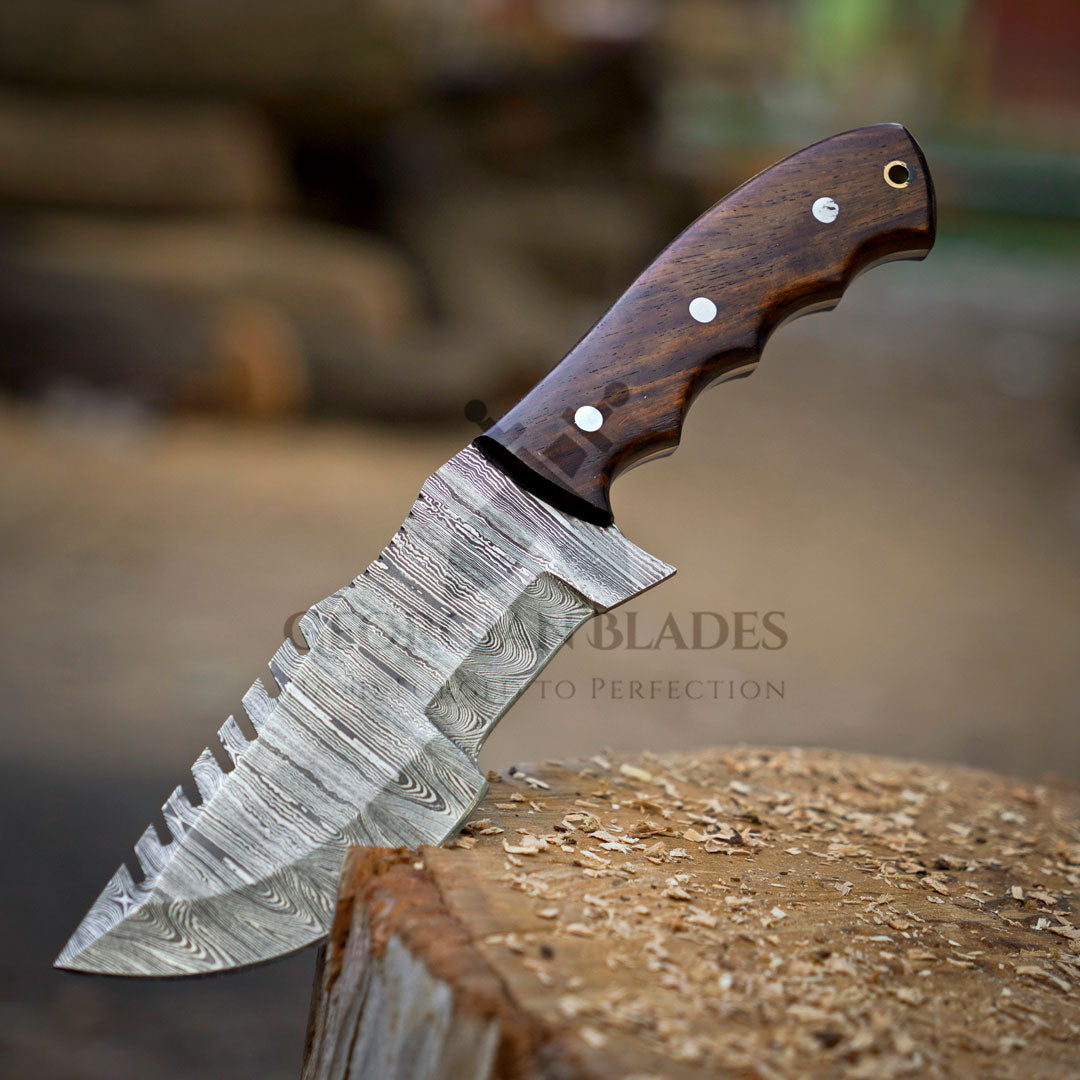 Mystic Mirage Tracker Knife - Hand Forged Damascus Steel Hunting Tracker Wood Handle