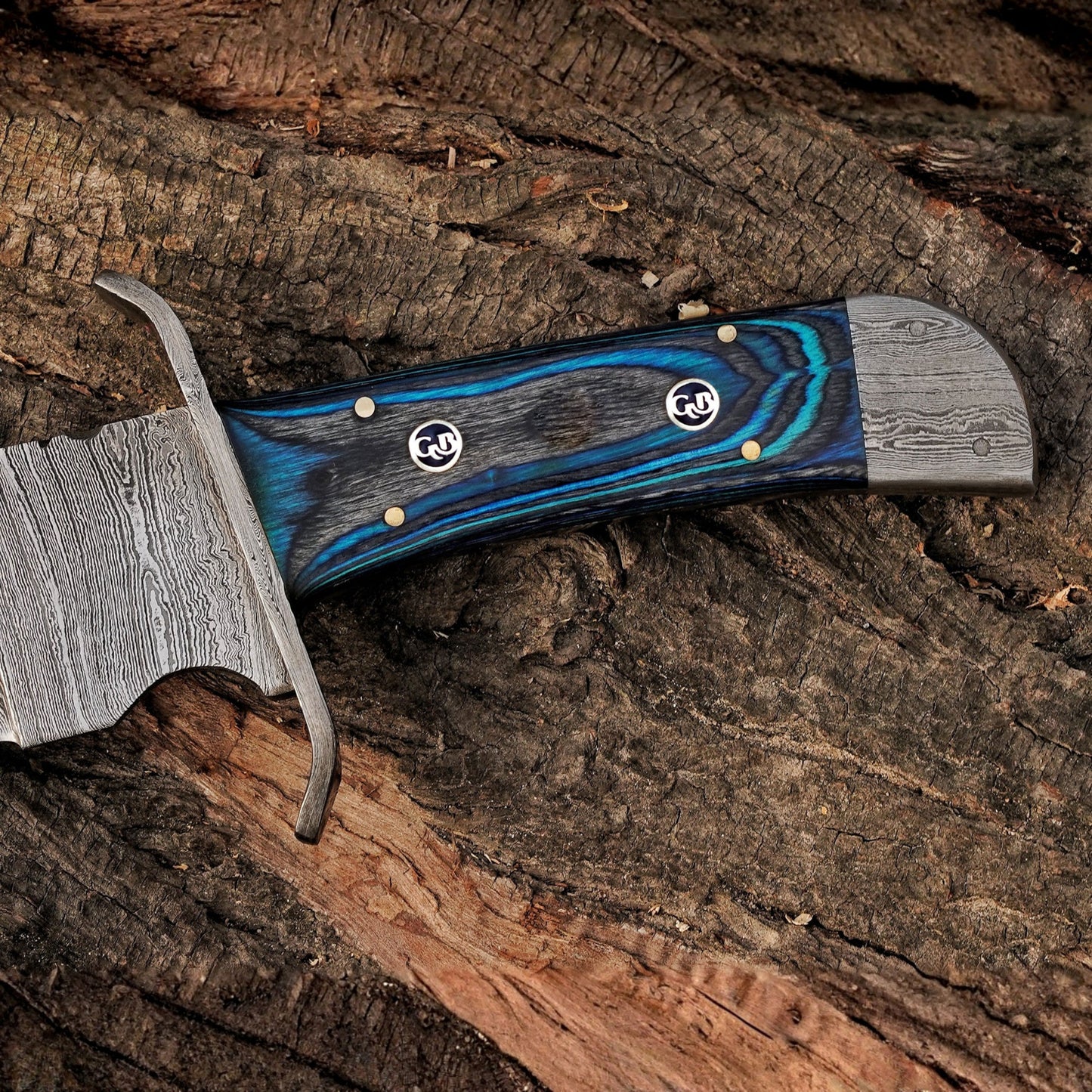 River Runner: 15" Handmade Damascus Steel Bowie Knife- Full Tang - Colored Wood Handle