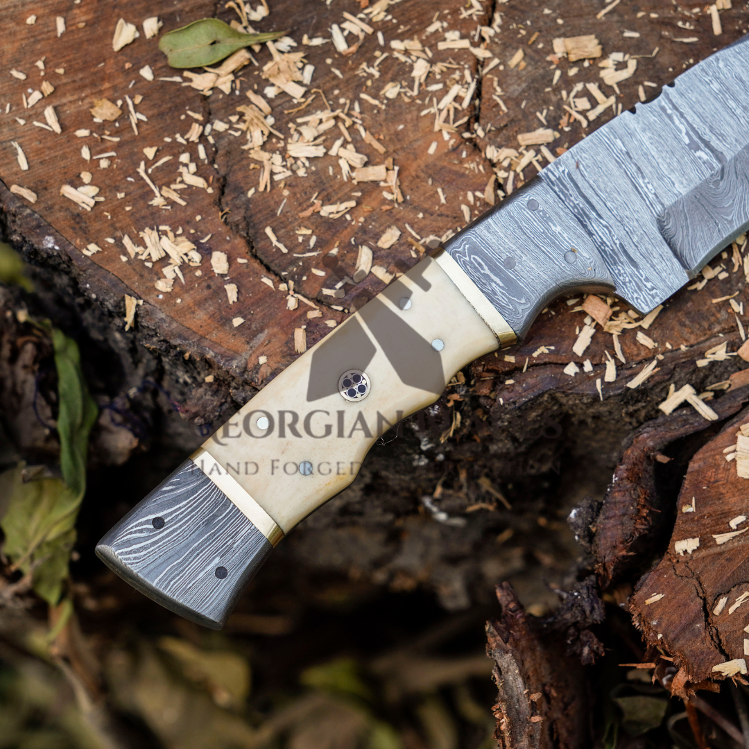 Br'er Rabbit Blade -  8.5” Hand Forged Damascus Steel Full Tang Skinner Knife - Camel Bone Handle